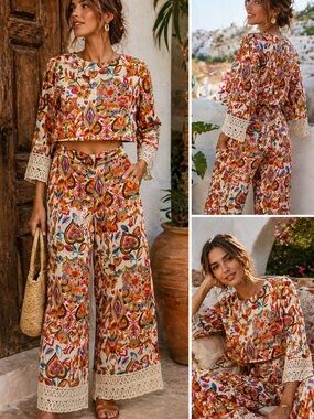 Zara boho resort casual matching set printed crop top wide leg pants small